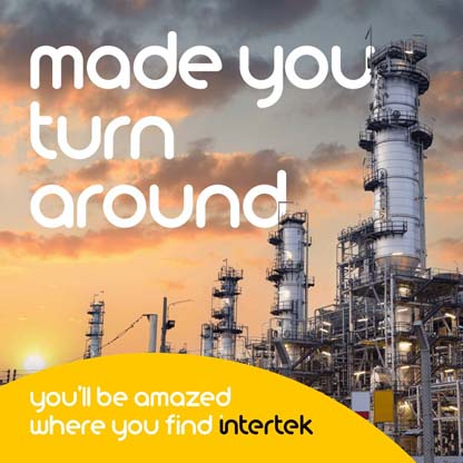 Industrial refinery with tall towers at sunset, featuring the text "made you turn around" and Intertek branding.